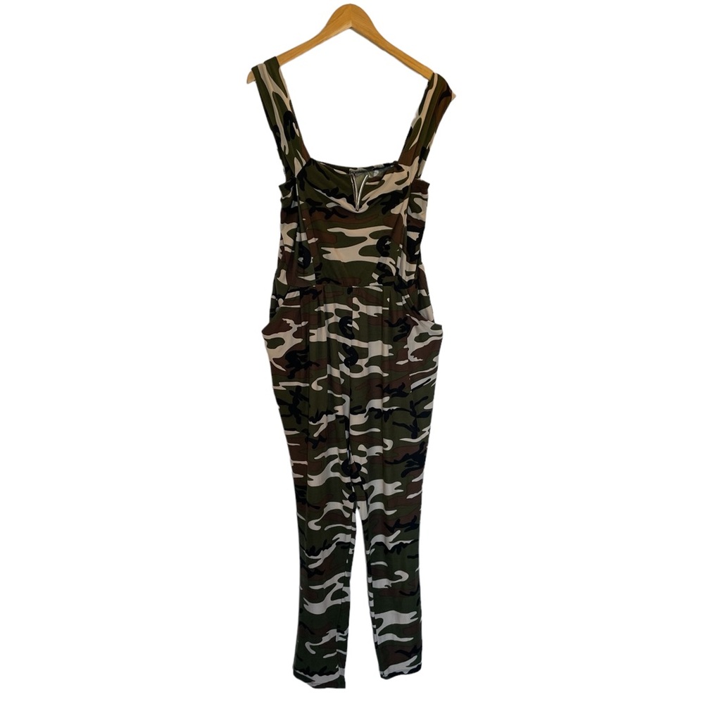 NY Invasion Camo Print Knit Tank Top Jumpsuit Gold Trim - Size Large